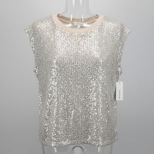 NWT Heartloom Beige Sequin Tee With Shoulder Pads